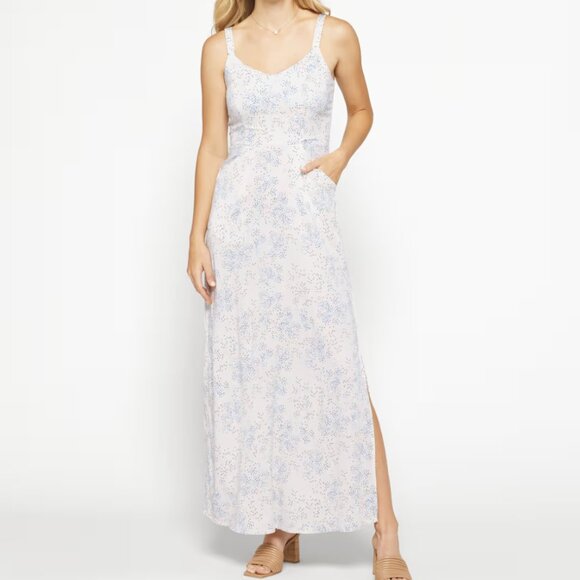 41 Hawthorn L Off-White & Blue Dotted Beatriz Maxi Dress with Slit - Picture 1 of 9